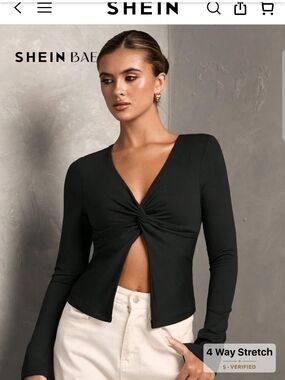 SHEIN Black Twist-Front Long Sleeve Crop Top